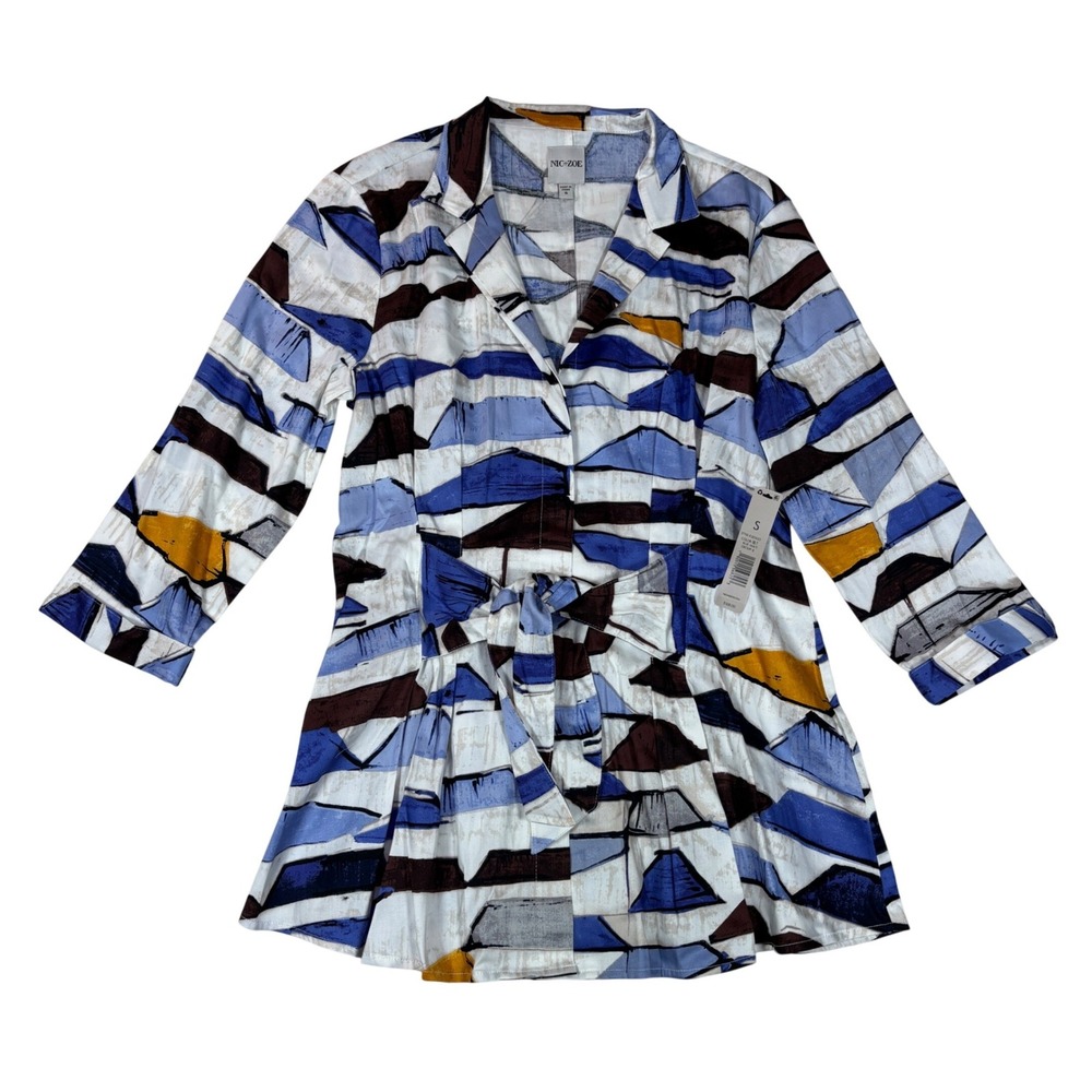 NIC+ZOE Women Blue Multi Abstract Artistic Pattern Tie Waist Shirt Sz S NWT $168